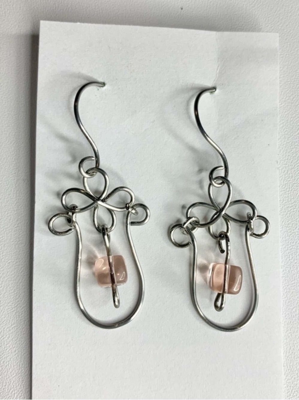 Handmade Woven Wire Flower Vase Earring Set w/ a Pink Acrylic Bead in the Center